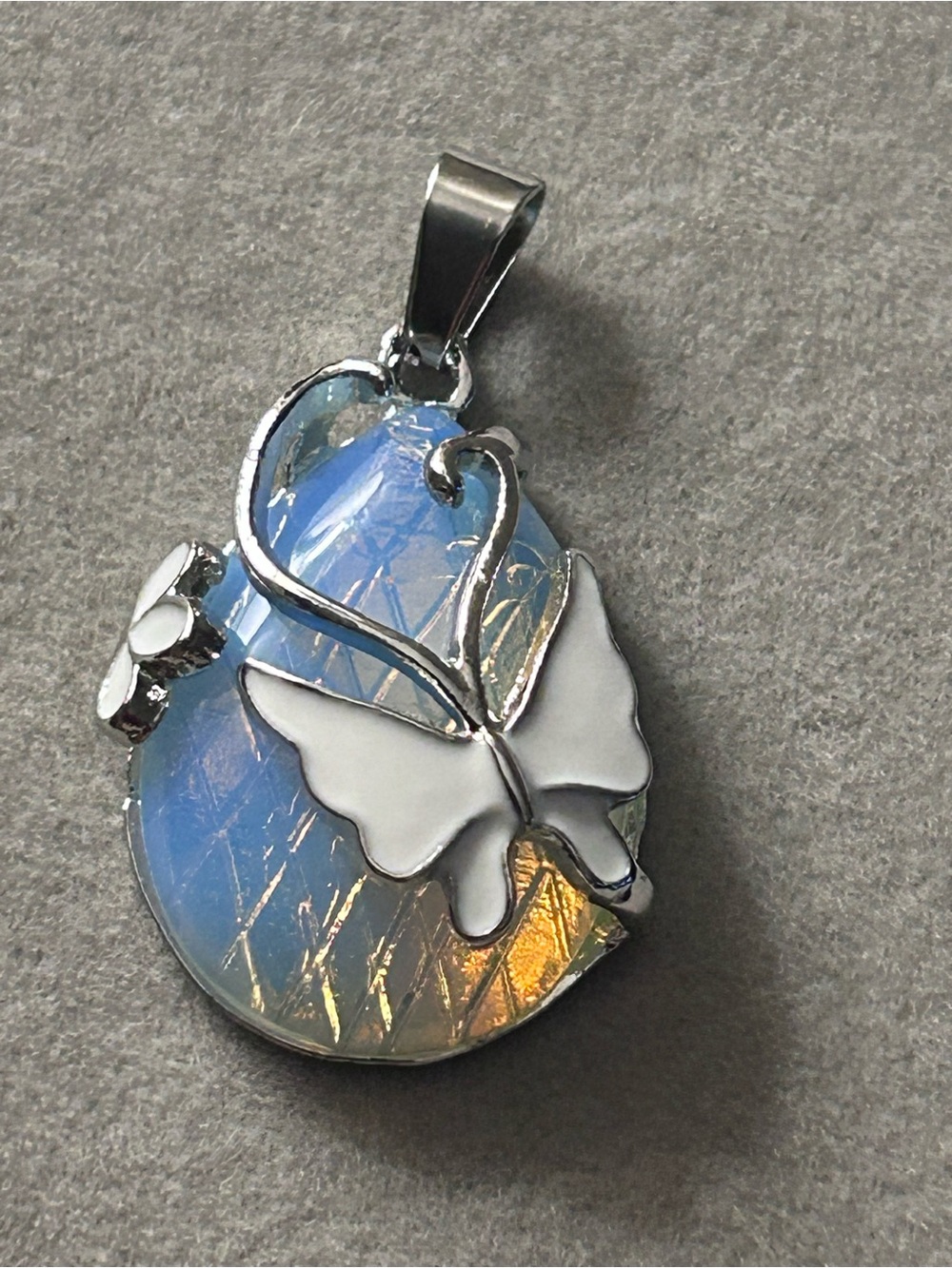 Opalite Pendant butterfly- White & Blue Opalescent silver color setting NWOT